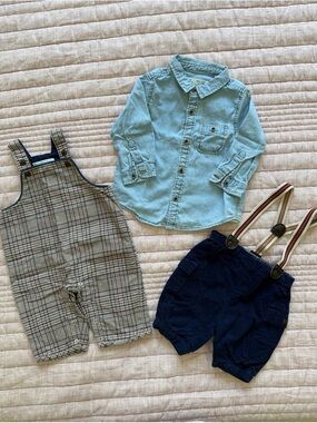 Janie & Jack Corduroy Cargo Suspender Pants + Overalls + Zara Shirt Bundle 0-6m